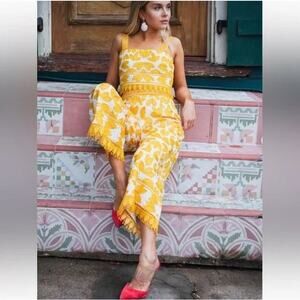 Saylor Crochet-Lace Embroidered Wide Leg Pants Boho Yellow White Womens Size XS